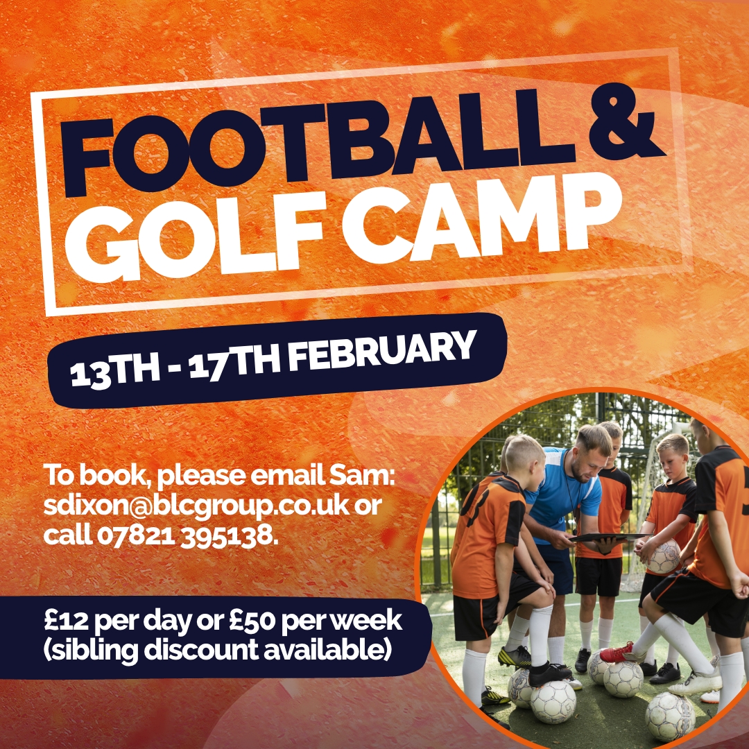 BurnleyLeisure's tweet photo. FOOTBALL AND GOLF CAMP ⚽️⛳️

The camp offers children aged seven to 11 years old the chance to learn new football skills and ‘swing’ into action on the Golf Driving Range.

⏱ 8.30am- 4pm

To book, please email Sam: sdixon@blcgroup.co.uk or call 07821 395138. https://t.co/YZRv0tDETZ
