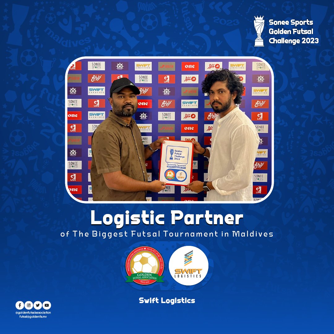 Sports Media Partner of the Tournament - Swift Logistics

Sonee Sports Golden Futsal Challenge 2023

#SoneeSports #GFC2023 #GoldenFutsalChallenge #SoneeSportsGoldenFutsalChallenge2023 #GoldenFutsalAssociation #Maldives #SwiftLogistics