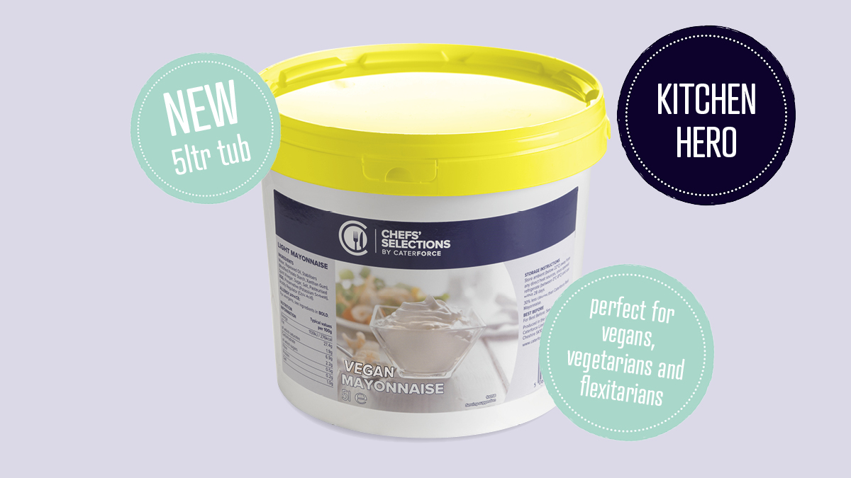 NEW 5ltr TUB!!
Chefs' selections vegan mayo is a great plant-based alternative to real mayonnaise. Thick and creamy, it is perfect for vegans, vegetarians and flexitarians. Ideal for veggie burgers, salads and sandwiches.