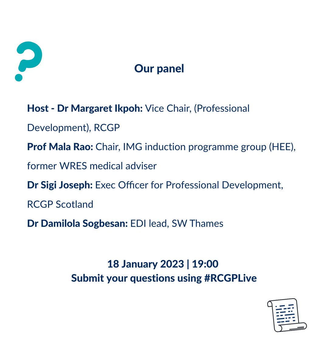 rcgp's tweet photo. Interested in how IMGs can thrive in general practice?
Don't miss our next #RCGPLive, hosted by our VC @docmagsy with speakers @RaoMala @sigi_dr & @Dr_DOSogbesan.
Ask the panel questions using #RCGPLive and watch 18 Jan at 7pm. https://t.co/vyBPk3bga3 https://t.co/KXv9pomKqG
