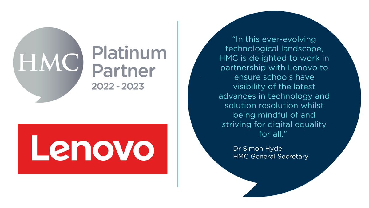 HMC_Org's tweet image. We're delighted to announce our new Platinum Partnership with @Lenovo. @HMC_Org's #PlatinumPartners programme connects members with experts, like #Lenovo, who tailor innovative solutions to help schools enrich teaching &amp;amp; learning. Read more here: buff.ly/3ByRd0I #FutureEd