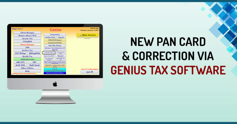 SagInfoTech's tweet photo. Get to know the complete process of applying for a new PAN card and correction via Genius tax software.

#CAFinal #PANCard #GeniusTax #GENIUSSoftware #Incometax