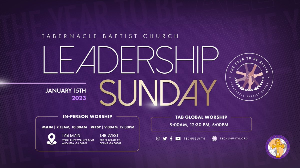 tbcaugusta's tweet photo. JOIN US Sunday as we receive &amp; recite our 2023 ALL-IN Leadership Covenant during in-person &amp; online Leadership Sunday Worship Services Tab family! @drcegjr @tbcaugusta https://t.co/d3HjOKCLMy