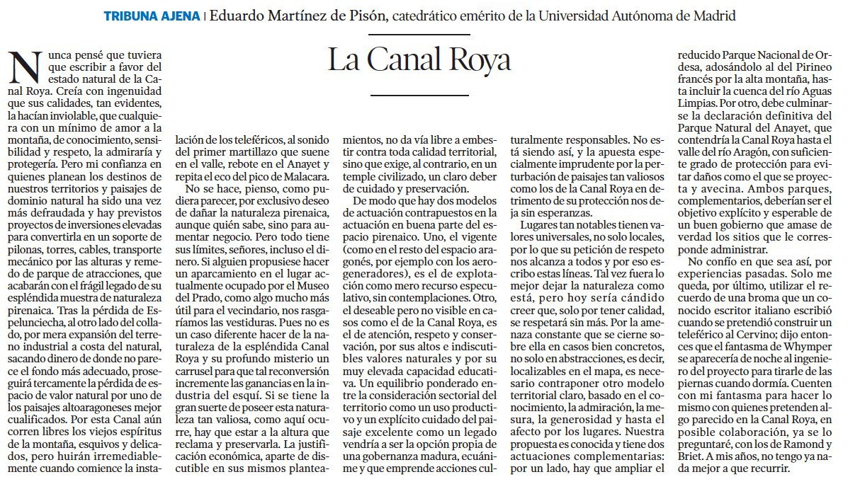 "La Canal Roya", artículo de Eduardo Martínez de Pisón
Nunca pensé que tendría que escribir a favor del estado natural de la Canal Roya. Creía con ingenuidad que sus cualidades, tan evidentes, la hacian inviolable... 🧵
facebook.com/groups/2564061…