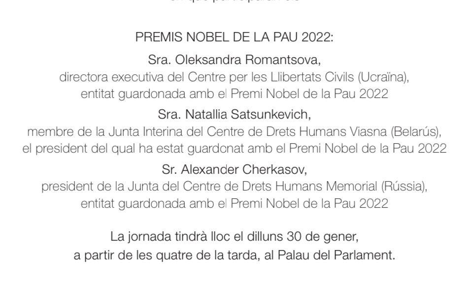 wagensberg's tweet image. Al Parlament, des de la mesa i juntament amb entitats socials que treballen pel foment de la pau, hem convocat la Primera Jornada de la Pau al Parlament de Catalunya. 

Hi participaran tres Premis Nobel de la Pau de 2022. A