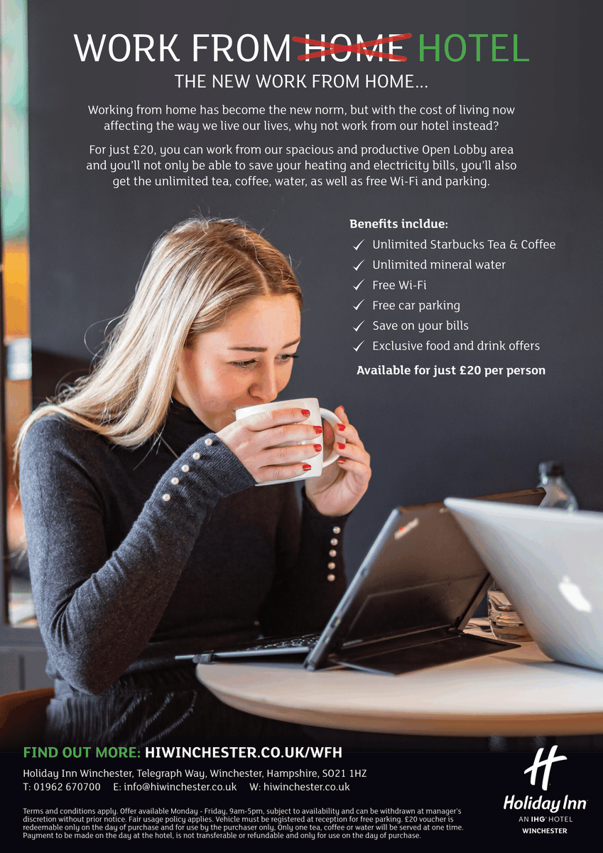 Castlebridge_h's tweet photo. Working from home has become the new norm, but with the cost of living now affecting the way we live our lives, why not work from @HolidayInnWinch instead? Book online here: https://t.co/N3plvbY2Di

#castlebridgehospitality #hotelmanagement #holidayinnwinchester #workfromhotel https://t.co/R8pNB9n7ex