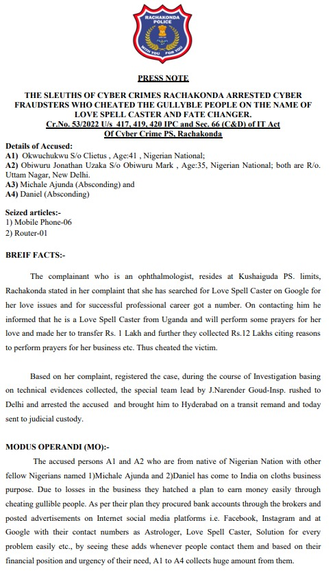 MalkajgiriCop's tweet photo. The sleuths of @CyberCrimeRck #arrested cyber fraudsters who cheated gullible people in the name of love spell caster and fate changer. 
Cr. no. 53/2022 U/S 417, 419, 420 IPC and Sec. 66 (c&amp;d) of #IT_Act of #cybercrimeps, #Rachakonda. https://t.co/bbleoSw7KJ