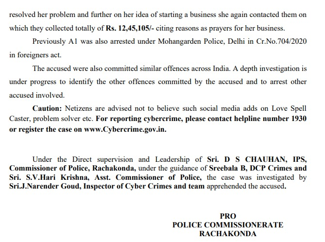 MalkajgiriCop's tweet photo. The sleuths of @CyberCrimeRck #arrested cyber fraudsters who cheated gullible people in the name of love spell caster and fate changer. 
Cr. no. 53/2022 U/S 417, 419, 420 IPC and Sec. 66 (c&amp;d) of #IT_Act of #cybercrimeps, #Rachakonda. https://t.co/bbleoSw7KJ