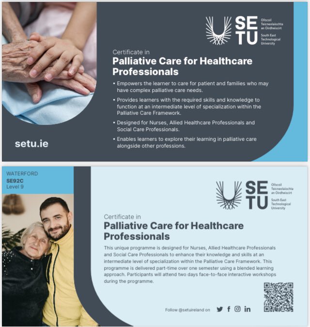 NursingWit's tweet photo. Delighted that applications are open for the Certificate in Palliative Care for Healthcare Professionals at SETU. This blended learning course starts on 23rd January 2023. For more information contact patricia.hunt@setu.ie @UHW_Waterford @WexGenHosp @lukes_ck https://t.co/5iDSblF3eD