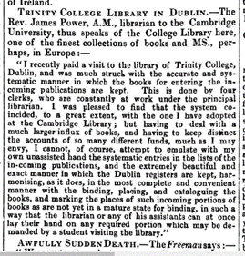 We found this 'nugget' in the British Library Newspapers archive. Even in 1852 our Library collection was enviable. ;) Read our latest blog highlighting our extensive database resources.  tcd.ie/library/news/e… 
#Research #Archives #ArtsAndHumanities