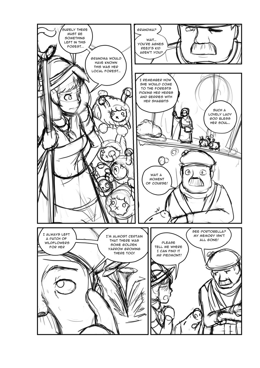 EdRohkovaWelch's tweet photo. Page 37 of the Shabbit comic sketched up, another little page I ended up reworking as the Truffler reveals the location of the last Golden Yarrow left in the forest. #shabbits #manga #mangasketch #comicsketch #phantomfield https://t.co/W4P223mvc3