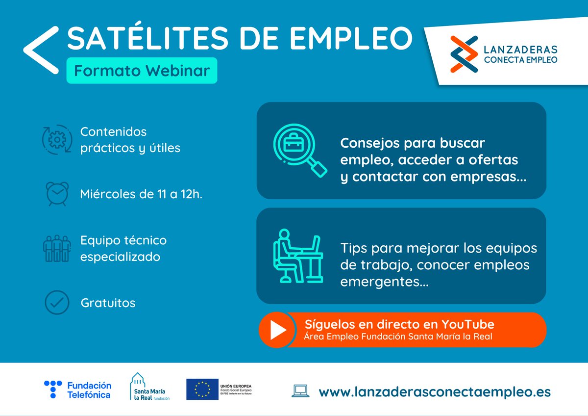 AreaEmpleoFSMLR's tweet photo. #SatélitesDeEmpleo para personas en #desempleo de todo el país. 📍 Habrá dos webinar (18 y 25 de enero) dedicadas especialmente a #profesionales de la #OrientaciónLaboral. 
ℹ Pincha en la noticia y amplia info. 👩‍💻👨‍💻Te esperamos: #miércoles en #Youtube! https://t.co/A9W0Rh9EZl https://t.co/CSoc9brEEF