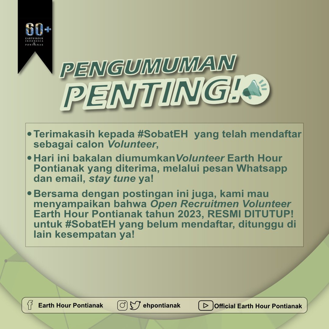 EHPontianak's tweet photo. [CLOSE RECRUITMENT VOLUNTEER]

Halo, Sobat EH!

Terima kasih atas partisipasinya karena telah mengikuti alur pendaftaran volunteer Earth Hour. Untuk yang telah mendaftar,  silakan untuk mengecek Whatsapp dan Email, yaa. Sampai jumpa di aksi selanjutnya🥰 https://t.co/nCKERSeK9v