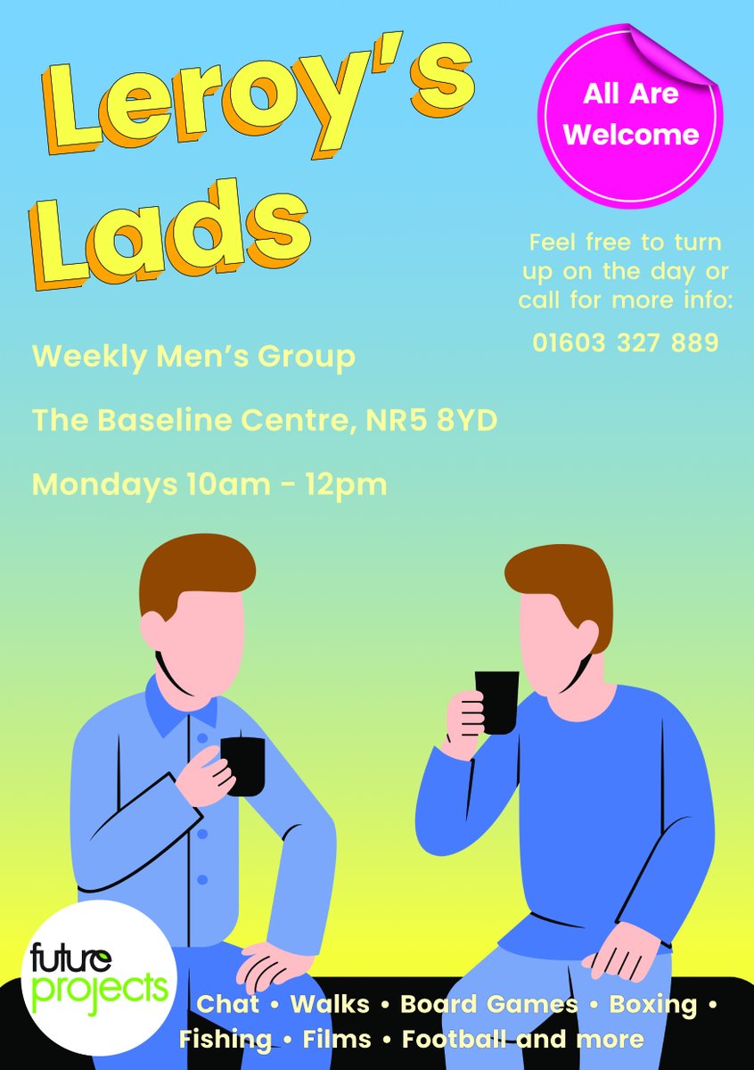 FuturePCharity's tweet photo. New Men's Group 📣

Starting next Monday (16th) we will be launching a new Men's Group, thanks to the Empowering Communities, Mental Health &amp; Wellbeing Fund.

All are welcome, so please do feel free to turn up at Baseline (NR5 8YD) for 10am on Mondays. https://t.co/VicTae5ZsT