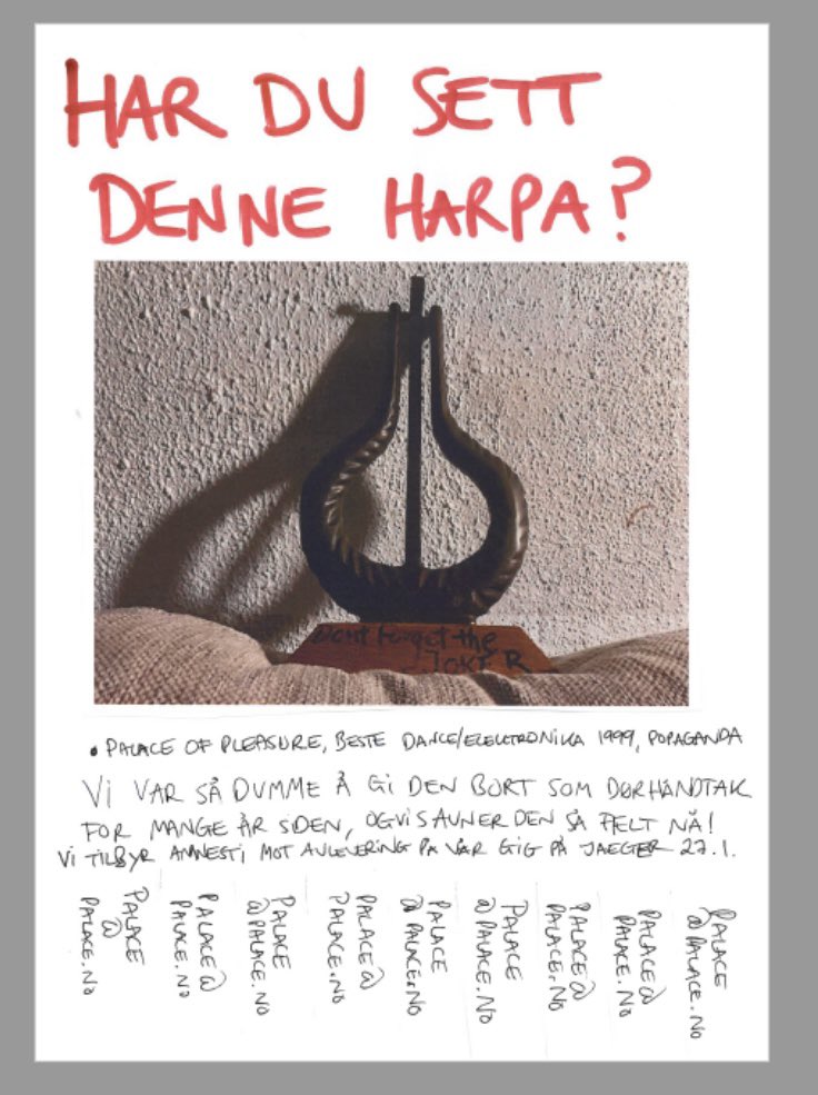 Gitt bort som dørhåndtak til Garage Oslo i 2006. Når sjappa la inn årene forsvant harpa. Vi vil gjerne at den kommer hjem til gamlebyen nå. «Finneren» får gjestelisteplass på <a href="/jaegeroslo/">Jæger Oslo</a> 27.1. 
No questions asked.

jaegeroslo.no/events/friday-…