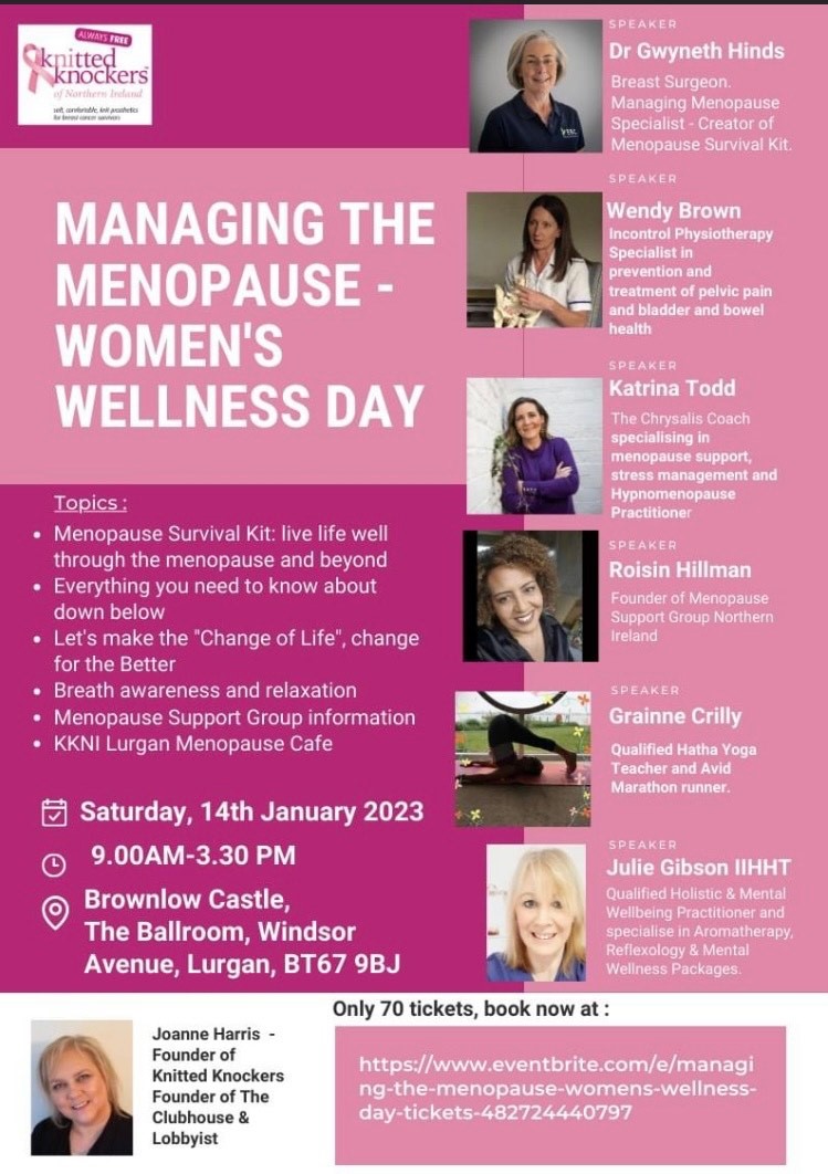 TADA_RSN's tweet photo. Please see the event below hosted by Knitted Knockers of Northern Ireland. They have gathered together some great speakers to discuss the theme of menopause and how best to manage this stage of life. https://t.co/ll8RSthS0I