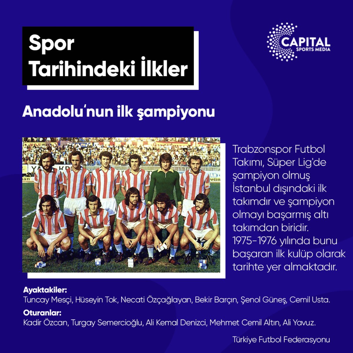 CapitalSportsM's tweet photo. Spor Tarihindeki İlkler serimize Anadolu'nun ilk şampiyonu olan Trabzonspor ile devam ediyoruz. Sizce önümüzdeki yıllarda anadolu kulüplerinden şampiyonluk için en güçlü adayı hangi kulüp çıkartacaktır? https://t.co/kd03Z4MFAq