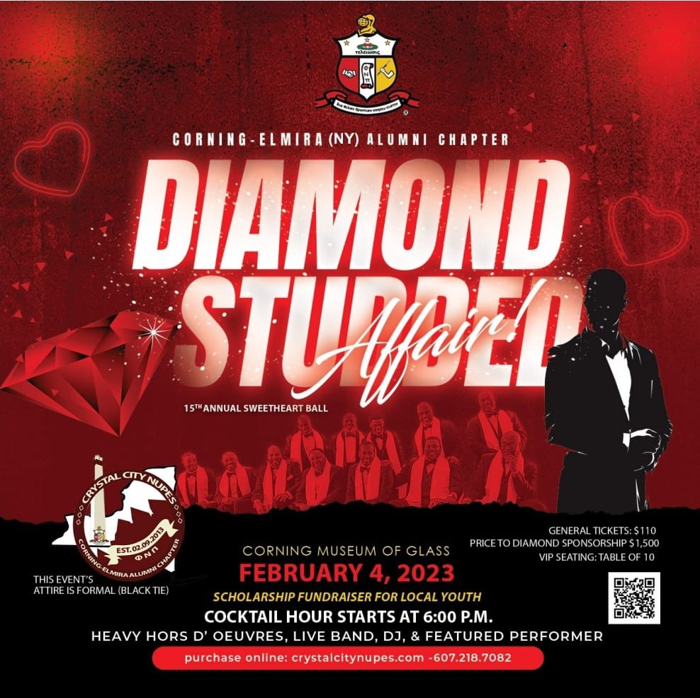Corning Elmira Alumni Chapter of <a href="/Kapsi1911/">Kappa Alpha Psi® Fraternity, Inc.</a> is hosting a Diamond💎Studded Affair,our 15th Annual Sweetheart Ball!

Save The Date: February 4, 2023

Location: <a href="/CorningMuseum/">corningmuseum</a> 

Get Tickets🎟/Be A Sponsor:
💻CrystalCityNupes.Com📲

YO! 👌🏾♦️ #CorningNY #ElmiraNY #CrystalCityNupes