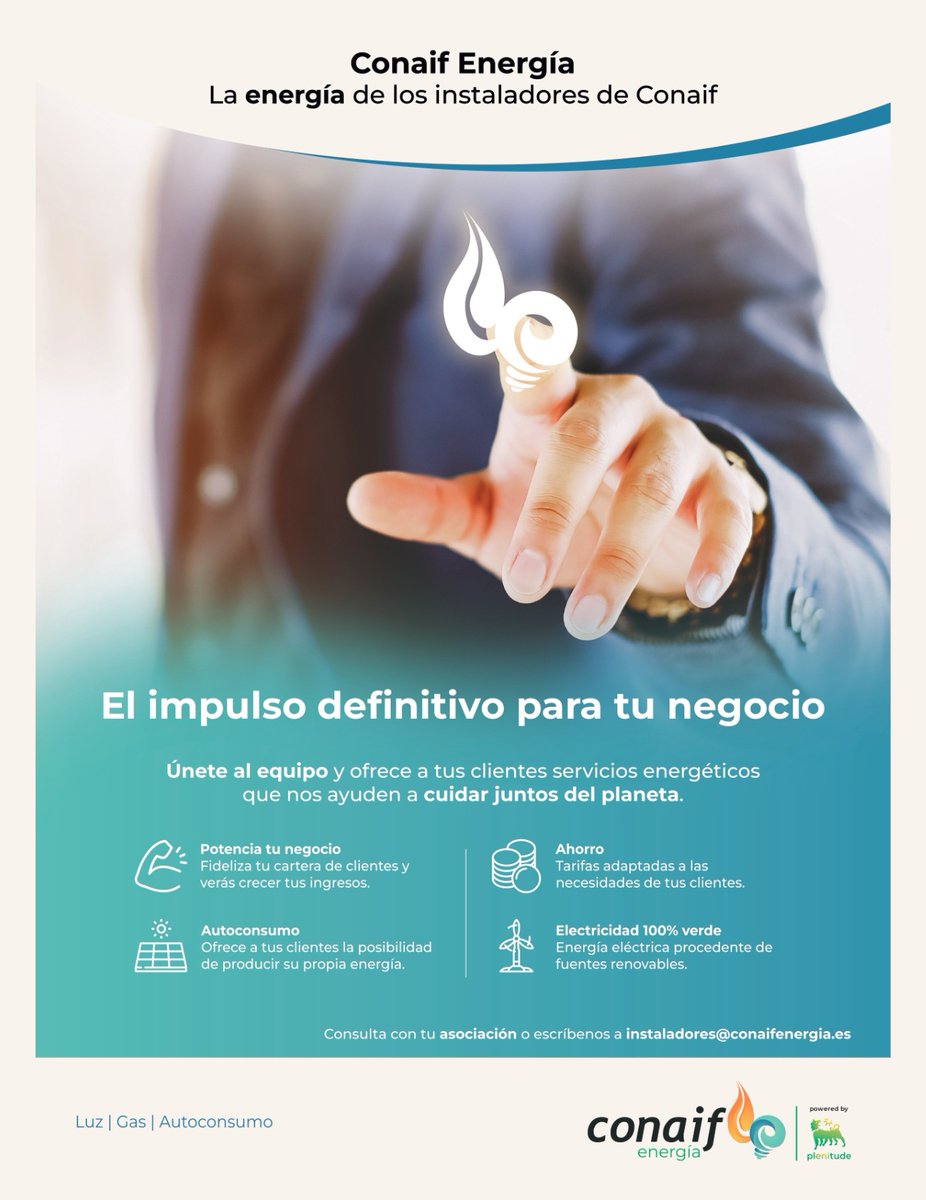ASEIFes's tweet image. Conaif Energía, la energía de los instaladores de Conaif. 
Únete al #equipo y ofrece a tus #clientes servicios energéticos que nos ayuden a cuidar juntos del planeta.