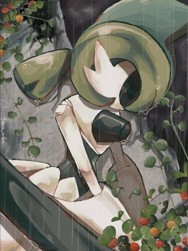 pokemon (creature) rain solo white skin colored skin green hair outdoors  illustration images