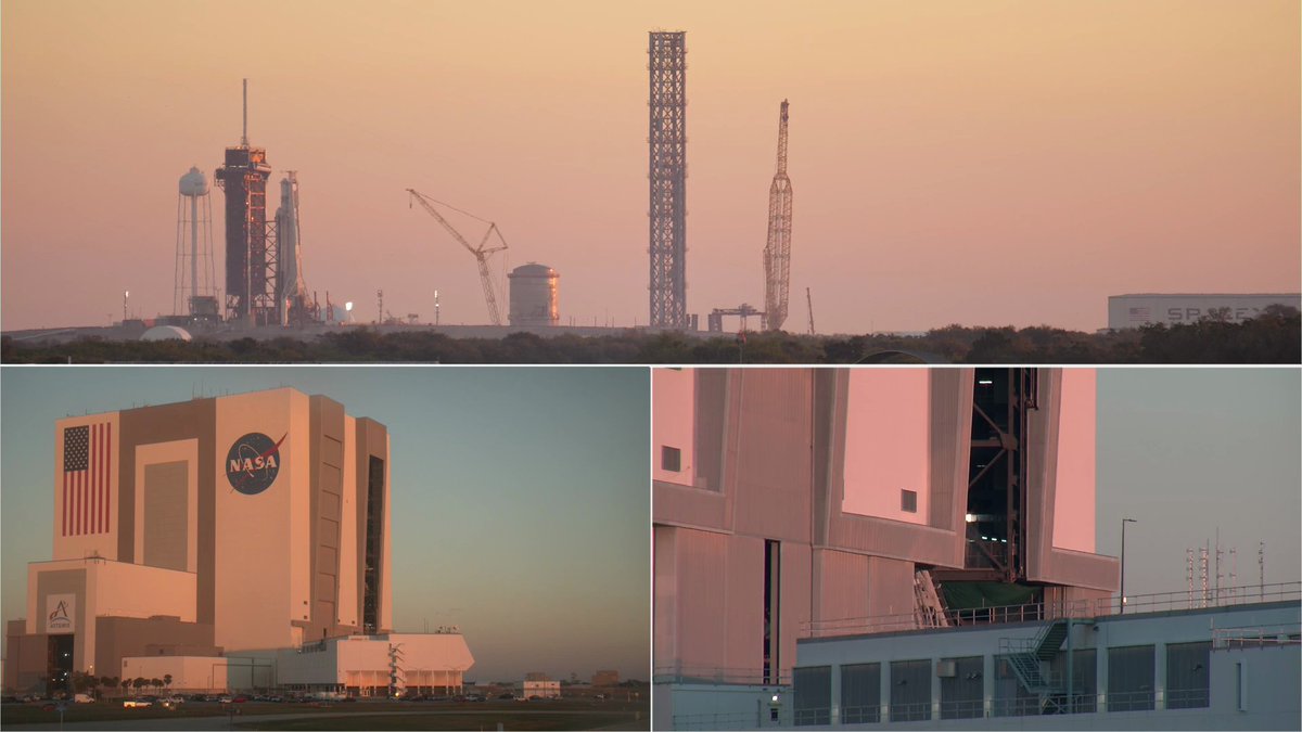 SpaceflightNow's tweet photo. Good morning from Kennedy Space Center. Today SpaceX continues preparations for Saturday's planned launch of a Falcon Heavy and NASA rolls out the Artemis launch tower to begin modifications for the first crewed Orion flight. Watch live views: https://t.co/cJa3tKv0Xg https://t.co/CmfHXAIfqb