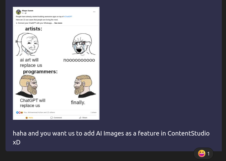 muneeb_builds's tweet image. What&apos;s next at @ContentStudioio?

AI-generated images for your social media posts, completely instruction based and coming by 2nd quarter of 2023!

PS: @waq_azeem doesn&apos;t want us to put artists out of business. You guys are invaluable! :D

#ai #socialmedia #contentstudio