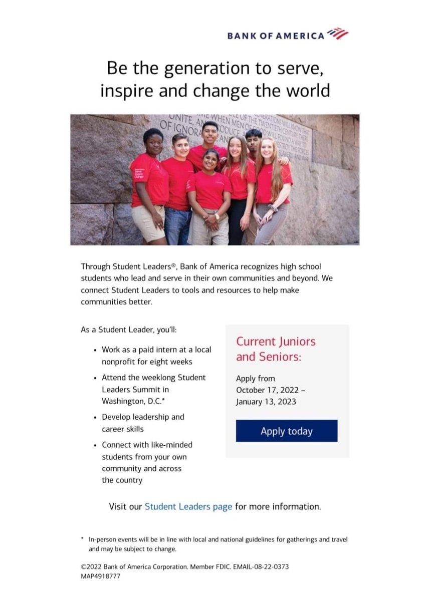 The 2023 #BofAStudentLeaders application closes this Friday, 1/13/23! Encourage your community-minded HS juniors or seniors to apply for this paid internship opportunity! Young changemakers should apply via this link 👉🏾 bankofamerica.com/studentleaders 
❤🤍💙