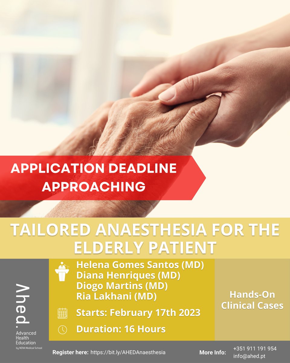 AhedPT's tweet photo. 💉 Tailored Anaesthesia for the Elderly Patient
👤 Coord: Helena Gomes Santos (MD), Diana Henriques (MD), Diogo Martins (MD), &amp; Ria Lakhani (MD) | Starts: February 17th 2023 | Duration: 16 Hours

#ahedpt #advancedhealtheducation #cme #anaesthesia #elderlycare #tailoredanaesthesia https://t.co/d64SNtt8GX