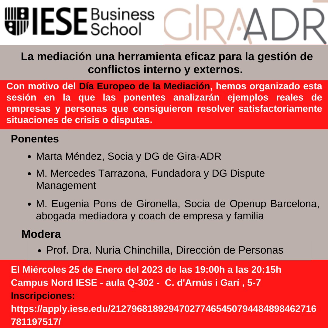 Nuestra socia @mendezpichot  participará como ponente en esta jornada, y lo hace acompañada de otras dos mujeres como #MercedesTarrazón y #MariaEugeniaPonsdeGironella. Nos explicaran como la mediación hace posible transformar un problema en una oportunidad de negocio.