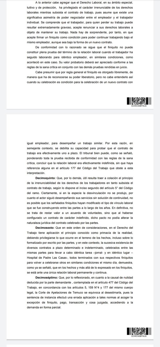 Corte Suprema acoge recurso de unificación y resuelve que finiquito pierde poder liberatorio cuando se trate de contratos temporales sucesivos. Muy buena sentencia por el extenso desarrollo de los argumentos para sustentar esta postura

N° 87.284-2021