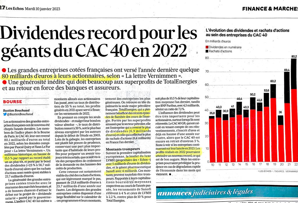 Leclerc_MEL's tweet image. Dividendes records (80 milliards) versés par les entreprises du CAC 40 en 2022 ! 😆 Et on voudrait faire croire aux Français que l&apos;inflation ne sert qu&apos;à couvrir la hausse des coûts depuis la guerre en Ukraine !!! 😱😱😱 Et vous croyez qu&apos;ils vont croire ça, sérieusement ?