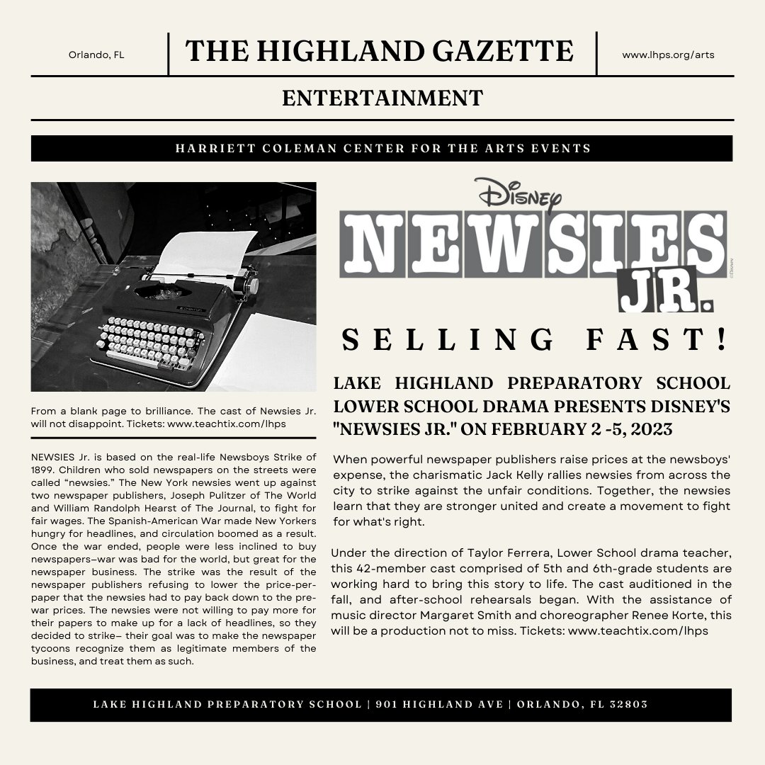 LHP Arts (@artslhps) on Twitter photo Lake Highland Lower School Theatre presents "Newsies Jr." on February 2 - 5, 2023 in the Harriett Coleman Center for the Arts. Tickets are available at teachtix.com/lhps. <a href="/LHPSalumni/">LHPS Alumni</a> <a href="/lhpsnews/">Lake Highland Preparatory School</a> #theater #musicals #NewsiesJr Lake Highland Lower School Theatre presents "Newsies Jr." on February 2 - 5, 2023 in the Harriett Coleman Center for the Arts. Tickets are available at teachtix.com/lhps. <a href="/LHPSalumni/">LHPS Alumni</a> <a href="/lhpsnews/">Lake Highland Preparatory School</a> #theater #musicals #NewsiesJr
