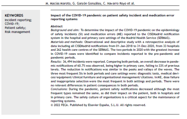 JHealthQualityR's tweet photo. 📰 Impact of the COVID-19 pandemic on patient safety incident and medication error reporting systems
✏️Original en el @JHealthQualityR #RevistaSECA #JHQR
👉 https://t.co/2mZaT3HLFO
✅ #QualityHealthcare #incidentreporting #COVID19 #patientsafety #RiskManagement #medicationerror https://t.co/sK6cvfBLzY