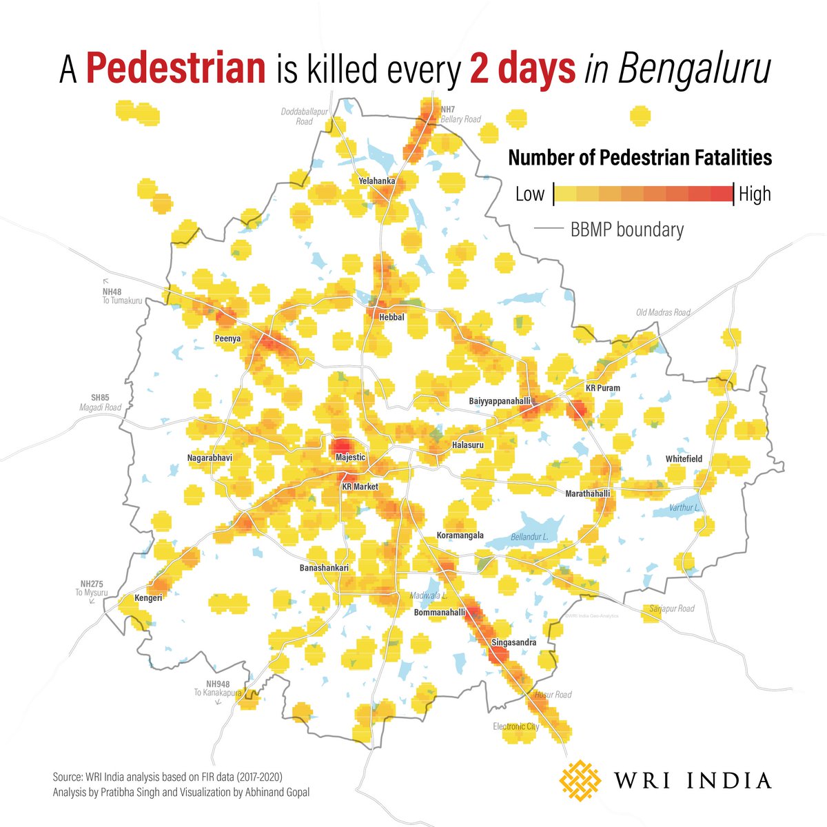 #Map
A Pedestrian is killed every 2 days in #Bengaluru roads &amp; most of them (>60%) while crossing the roads! Hotspots are Majestic, KR Market.
900 people in 4 years

Note: Stats not much different in other cities