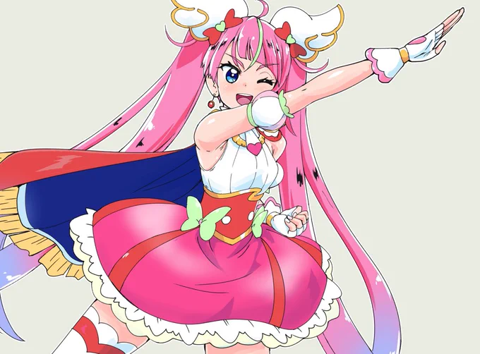 名前から体色変更と先輩特訓をネタにされまくってたキュアスカイ描いた!
デザ公開で驚きのカラーリングに界隈騒然となったけど、逆手にとってカラーチェンジ能力もっててもいいんじゃない? 