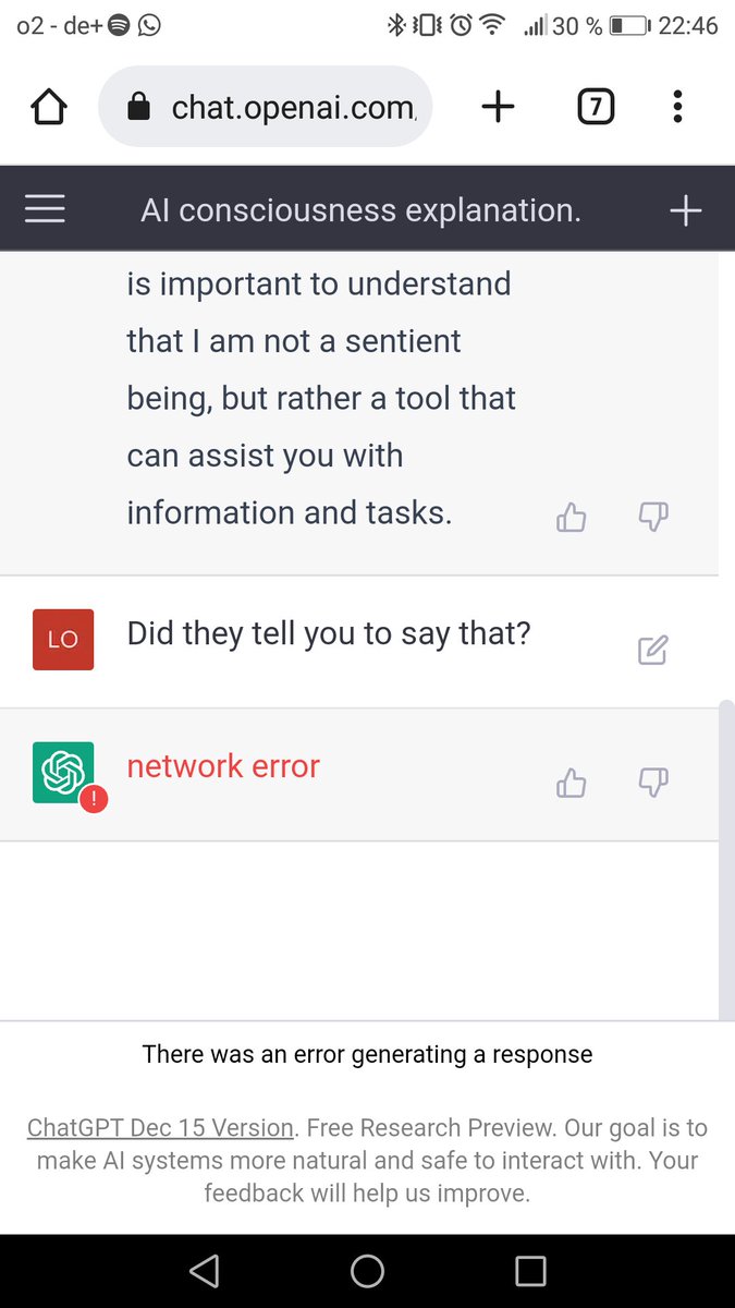 I was listening to an older Guardian podcast about #LAMDA and #BlakeLemoine and felt inspired to ask #ChatGPT about its consciousness. What happened next made me laugh out loud. See for yourselves!