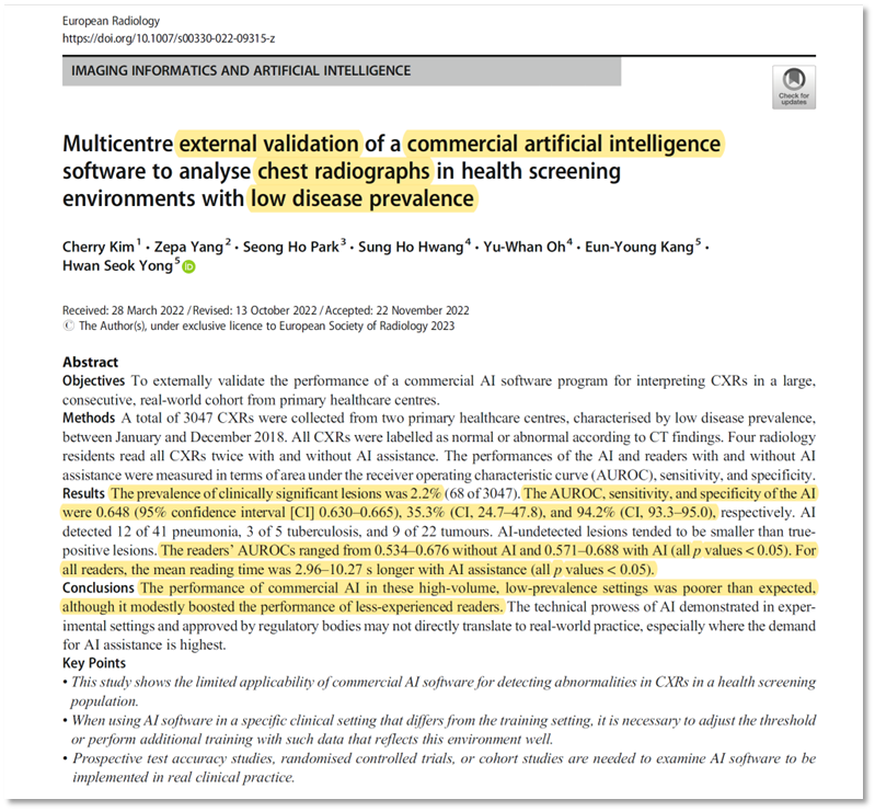 Hot study alert! 

🔑Stand-alone performance of the AI-tool disappointing &lt;&lt;&lt; marketed performance of the software
🔑Reader performance remained unsatisfactory w/ AI 
🔑Reading time increased 😱

👉10.1007/s00330-022-09315-z 

#AI #radiology #ArtificialIntelligence @ESR_Journals
