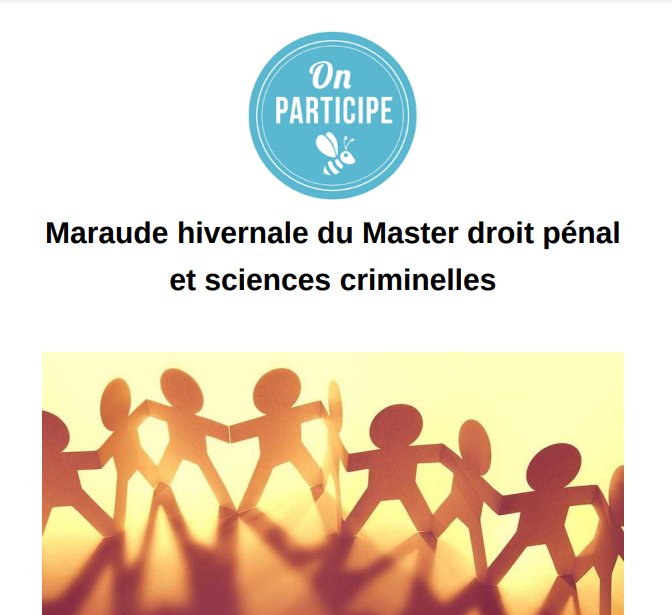 La maraude du master 2 et du professeur <a href="/Farah__Safi/">Farah Safi</a> est encore ouverte jusqu'au 7 février ! 

Un petit geste peut grandement aider les plus démunis qui n'ont pas le nécessaire pour se nourrir ou se chauffer.

N'hésitez pas à partager autour de vous !

onparticipe.fr/cagnottes/ZeYW…