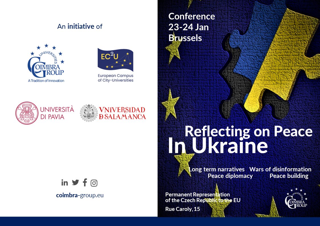 USAL_EC2U's tweet photo. EVENT 🇪🇺🇺🇦| On 23-24 JAN @CoimbraGroup @EC2U_Alliance @unipv and @usal organise in Brussels the conference: 𝐑𝐞𝐟𝐥𝐞𝐜𝐭𝐢𝐧𝐠 𝐨𝐧 𝐏𝐞𝐚𝐜𝐞 𝐢𝐧 𝐔𝐤𝐫𝐚𝐢𝐧𝐞 
You can attend on-site/on-line. Register now!

🏛️🇨🇿 Perm. Rep. to the EU 
🗓️23-24 JAN
➡️https://t.co/1icqO40v4d https://t.co/XdNUuKEMFR