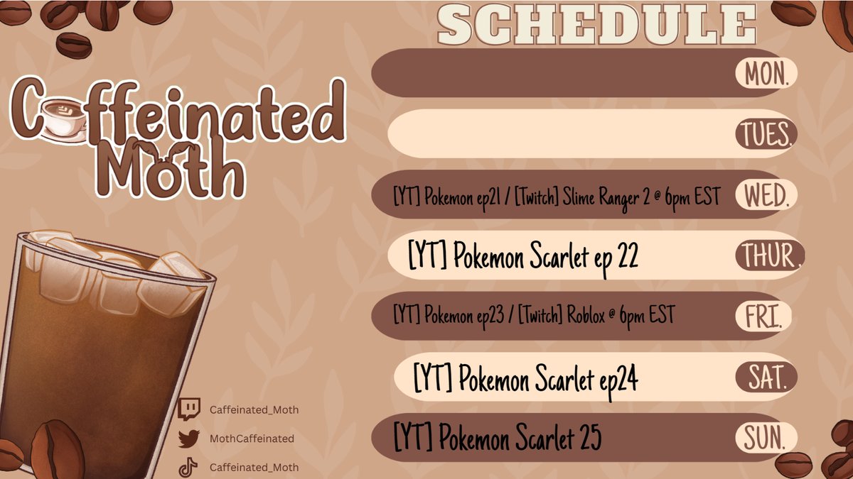 MothCaffeinated's tweet photo. i know its late in the week for this but i finally have a nice little schedule made :D
better late then never
hope to see you!

#vtuber #ENVtuber #VTuberUprising https://t.co/Wlvfgwczpc