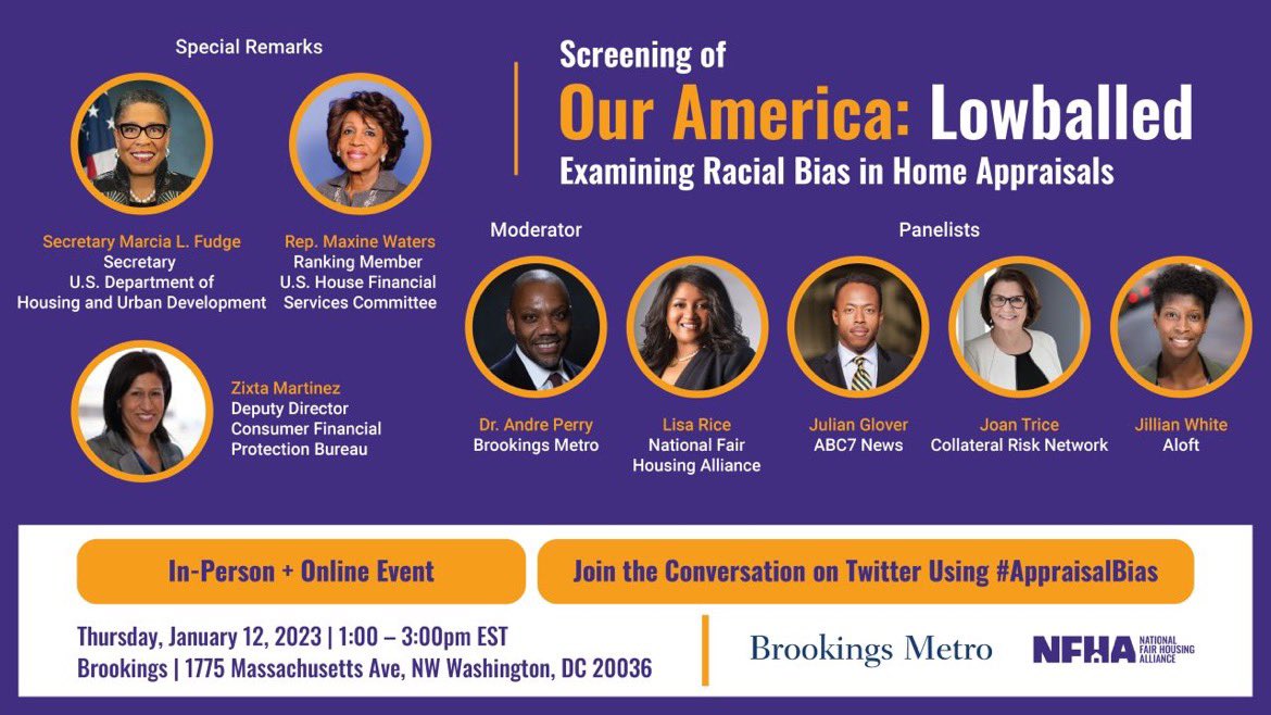 The event just keeps getting bigger &amp; better! <a href="/HUDgov/">Department of Housing and Urban Development</a> Sec. Marcia Fudge will also give special remarks at the <a href="/BrookingsInst/">The Brookings Institution</a> &amp; <a href="/natfairhouse/">National Fair Housing Alliance</a> “Examining Racial Bias in Home Appraisals” event featuring a viewing of an excerpt from my ABC doc “Our America: Lowballed”.
