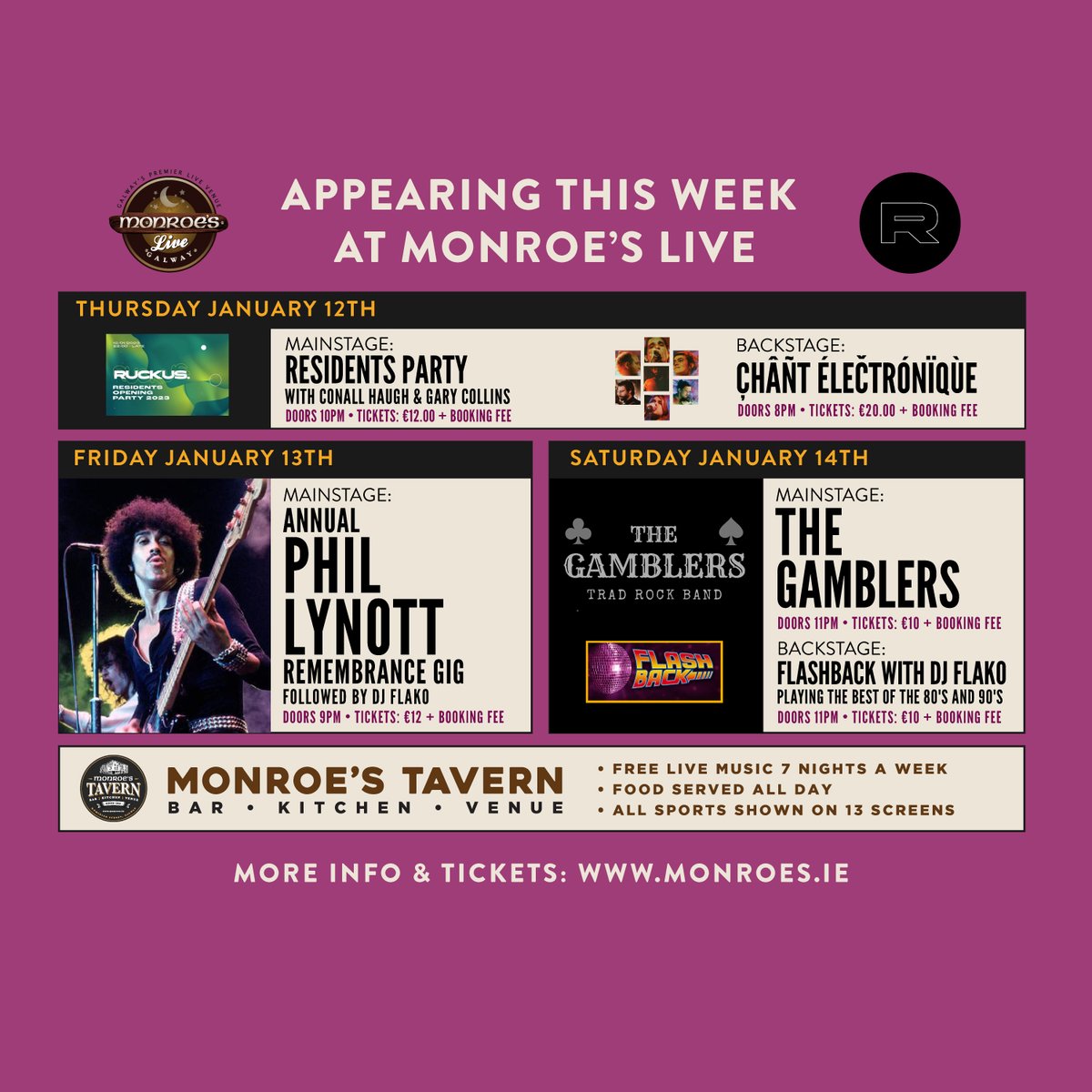 *Super line-up coming to you from Monroe’s Live this weekend* 😊  

çhâñt élečtrónïqùe
🗓Thurs 12 Jan
🚪8pm

RUKUS – Residents Opening Party
🗓Thurs 12 Jan
🚪10pm

Annual Phil Lynott Remembrance Gig
🗓Fri 13 Jan
🚪9pm

The Gamblers
🗓Sat 14 Jan
🚪10pm
👉monroes.ie/pages/gigs