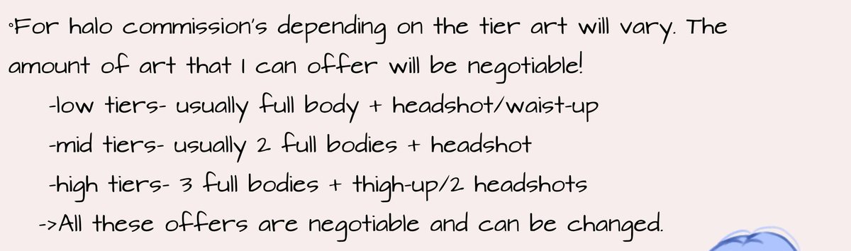 Vexett_'s tweet photo. @Iunarmaiden For me, depending on which tier the halo is goes into how much art I'll do! These are my starting offers for each 3 tiers, they can change depending on what the commissioner is Lf! (EX: oc refs, custom ocs, or group drawings, etc) https://t.co/CJ0uINE685