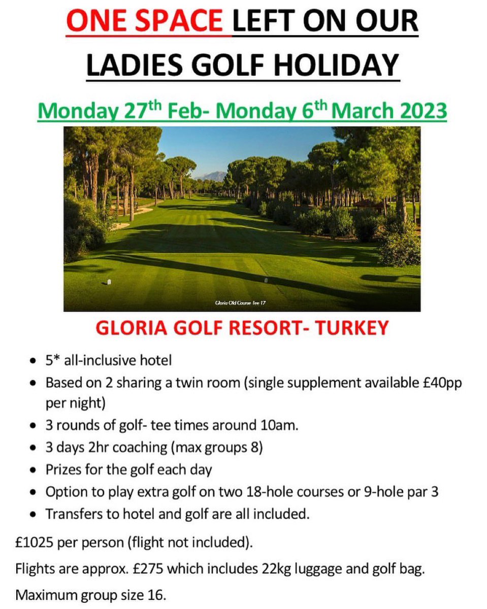 One space left on our ladies golf holiday🏌️‍♀️to the Gloria Golf Resort in Turkey on the 27th February to the 6th March 2023 any ladies interested or for more information please email sophie@tommyfleetwoodacademy.com