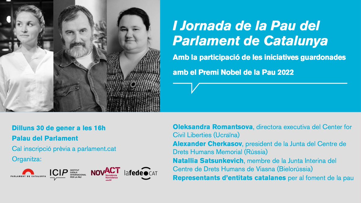 ICIPeace's tweet image. La delegació estarà formada per Oleksandra Romantsova, directora del @ccl_ua; Natallia Satsunkevich, membre del @viasna96; i Alexander Cherkasov, president del @hrc_memorial. 

Els tres participaran en la I Jornada de la Pau del @parlamentcat.