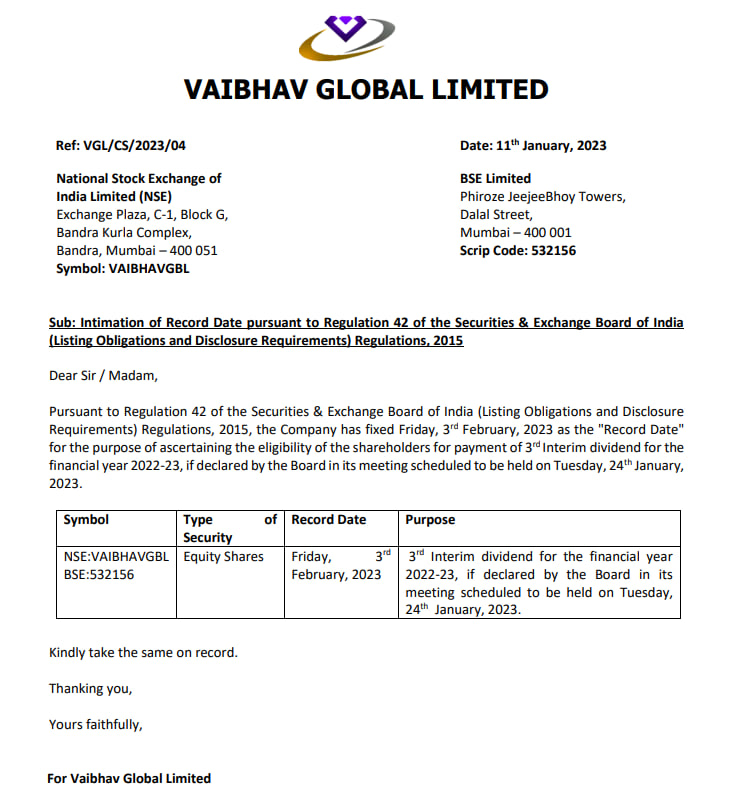 MarketVedantA's tweet photo. Vaibhav Global Limited has fixed Friday, 3rd February, 2023 as the "Record Date" for payment of 3rd Interim dividend for the financial year 2022-23

#VIABHAV #GLOBAL #FIXED #RECORDDATE #INTERIM #DIVIDEND #FINANCIALYEAR https://t.co/Ll3i1pni6E