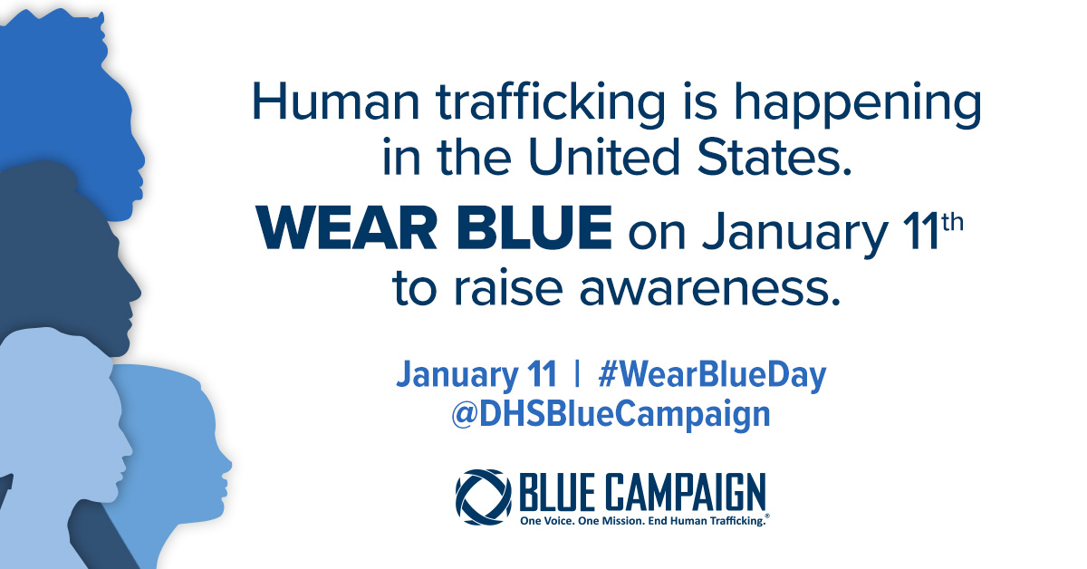 Today is #WearBlueDay! 

Wear blue to help raise awareness about #HumanTrafficking. Post a photo of yourself using the hashtag #WearBlueDay and share why you wear blue.

Learn more about how you can participate: go.dhs.gov/ZSX