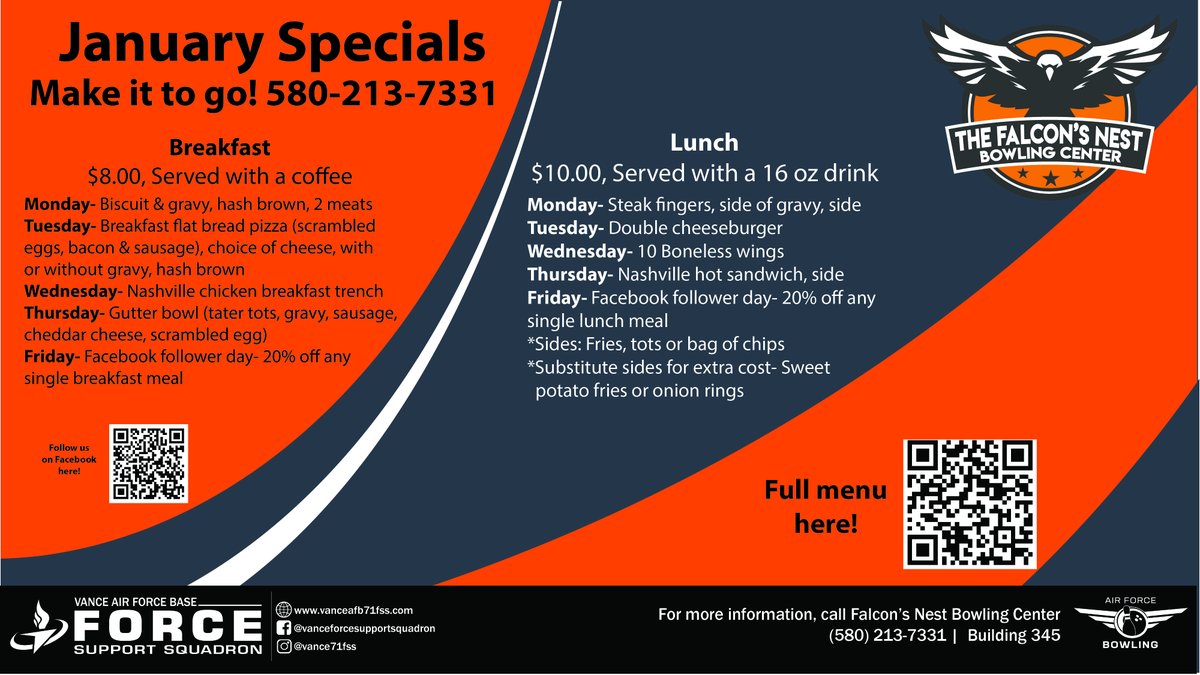 vance71fss's tweet photo. Getting Hungry?  The Falcon's Nest Grill has YUMMY specials for breakfast and lunch. Check out the January specials!

Call 580-213-7331 to place an order to go! https://t.co/EJtflavHsO