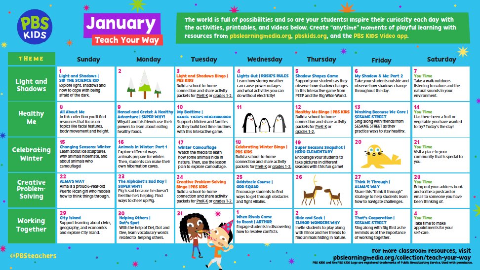 Stay organized this school year using this editable teacher planner from <a href="/PBSKIDS/">PBS KIDS</a> including a monthly calendar with timely resources aligned to early learning themes and skills for PreK-2 students. vpm.pbslearningmedia.org/resource/janua…