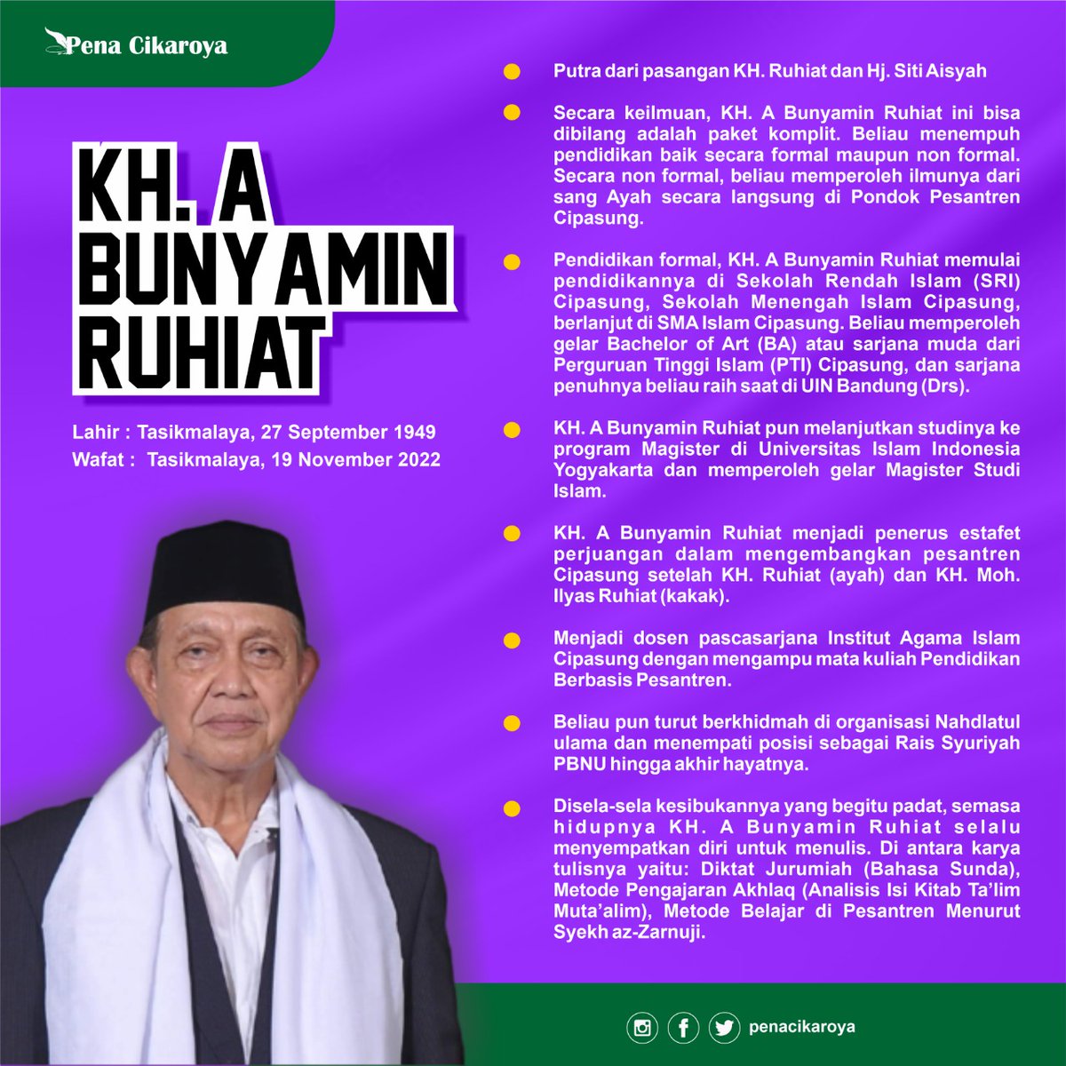 penacikaroya's tweet photo. KH. A Bunyamin Ruhiat pengasuh pondok pesantren Cipasung Tasikmalaya yang senantiasa mengabdi di dunia pendidikan baik formal maupun non formal.

Semoga kita senantiasa diberi kemudahan untuk mengikuti langkah ulama terdahulu. 
Al-Fatihah

#penacikaroya #biografiulama https://t.co/X0YuUcInaJ